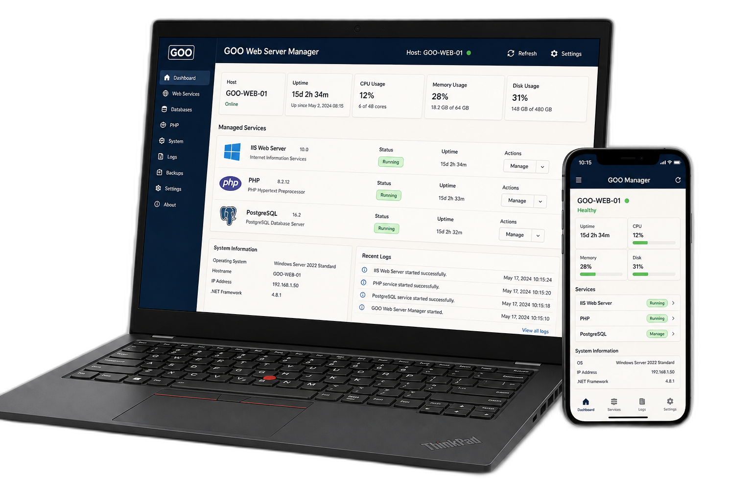 GOO Web Server Manager on a laptop and phone